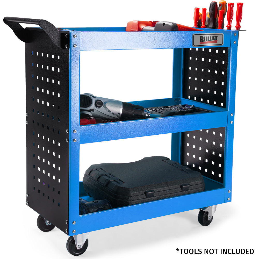 Bullet 3-Tier Tool Trolley Cart | Steel | Pegboard + Screwdriver Bay | Blue