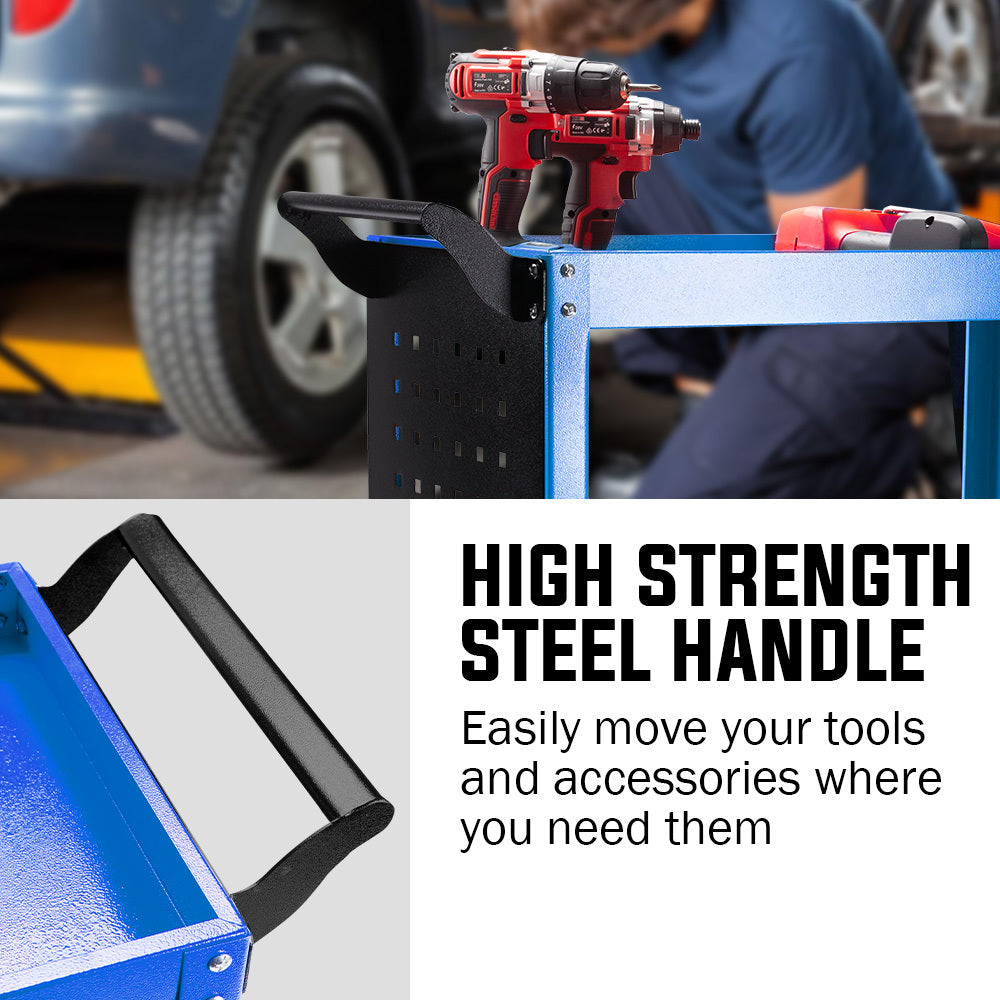 Bullet 3-Tier Tool Trolley Cart | Steel | Pegboard + Screwdriver Bay | Blue