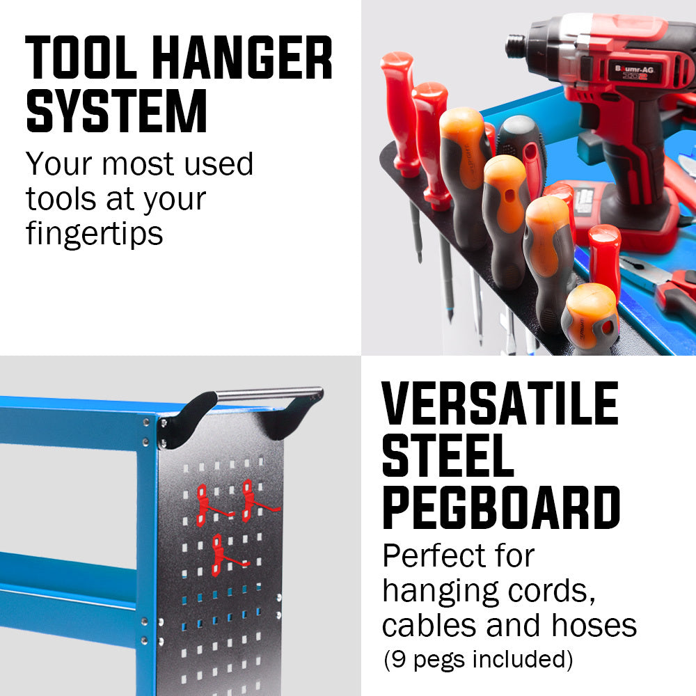 Bullet 3-Tier Tool Trolley Cart | Steel | Pegboard + Screwdriver Bay | Blue
