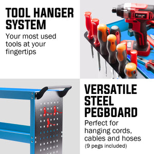 Bullet 3-Tier Tool Trolley Cart | Steel | Pegboard + Screwdriver Bay | Blue