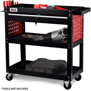 Bullet 3-Tier Tool Trolley Cart | Steel | Drawer + Pegboard + Screwdriver Bay | Black/Red