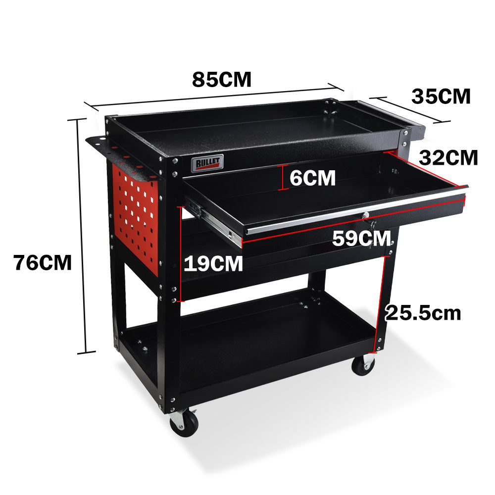 Bullet 3-Tier Tool Trolley Cart | Steel | Drawer + Pegboard + Screwdriver Bay | Black/Red