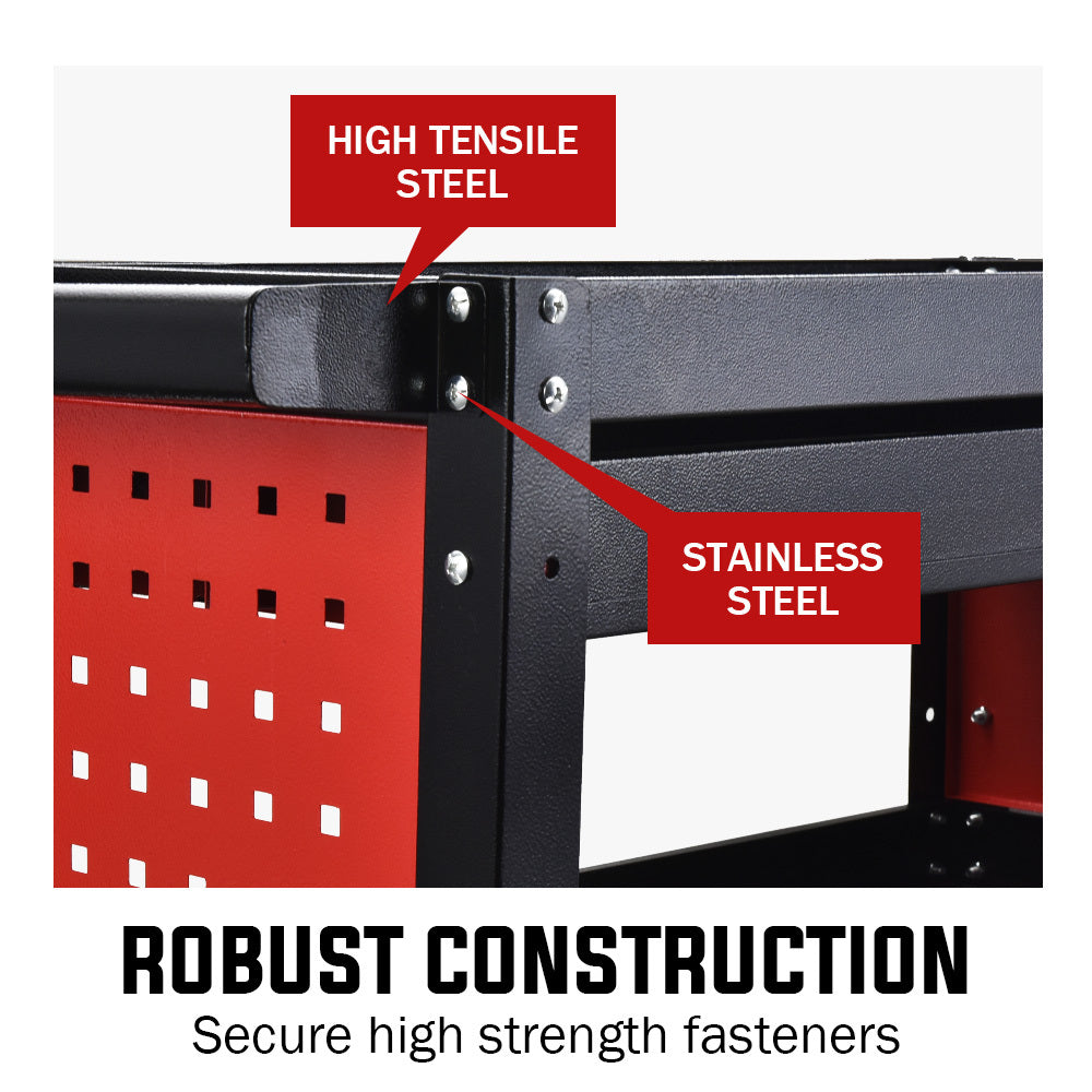 Bullet 3-Tier Tool Trolley Cart | Steel | Drawer + Pegboard + Screwdriver Bay | Black/Red
