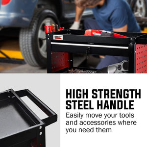Bullet 3-Tier Tool Trolley Cart | Steel | Drawer + Pegboard + Screwdriver Bay | Black/Red