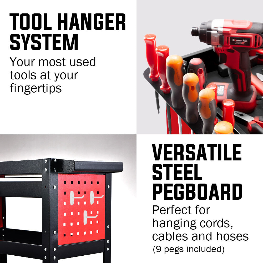 Bullet 3-Tier Tool Trolley Cart | Steel | Drawer + Pegboard + Screwdriver Bay | Black/Red