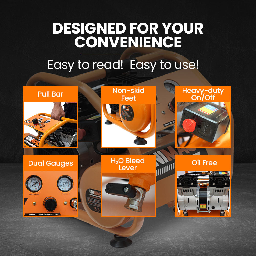 UNIMAC 6L Silent Oil-Free Air Compressor | 1.5HP Portable Electric | Air Tools & Tyre Inflation