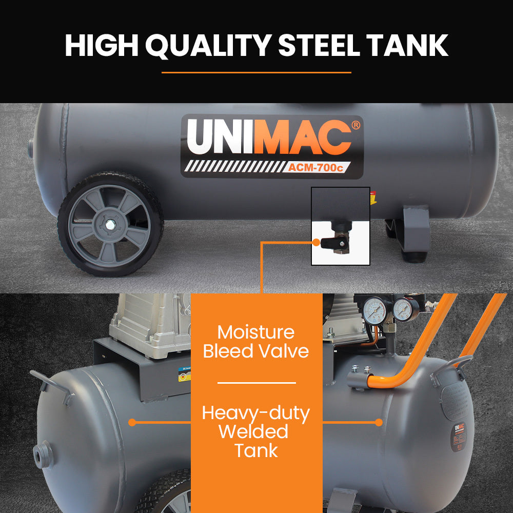 UNIMAC 70L Commercial Air Compressor | 2.2kW | 280L/min | 116PSI | Brushless Motor | Certified Tank | Long Service Life