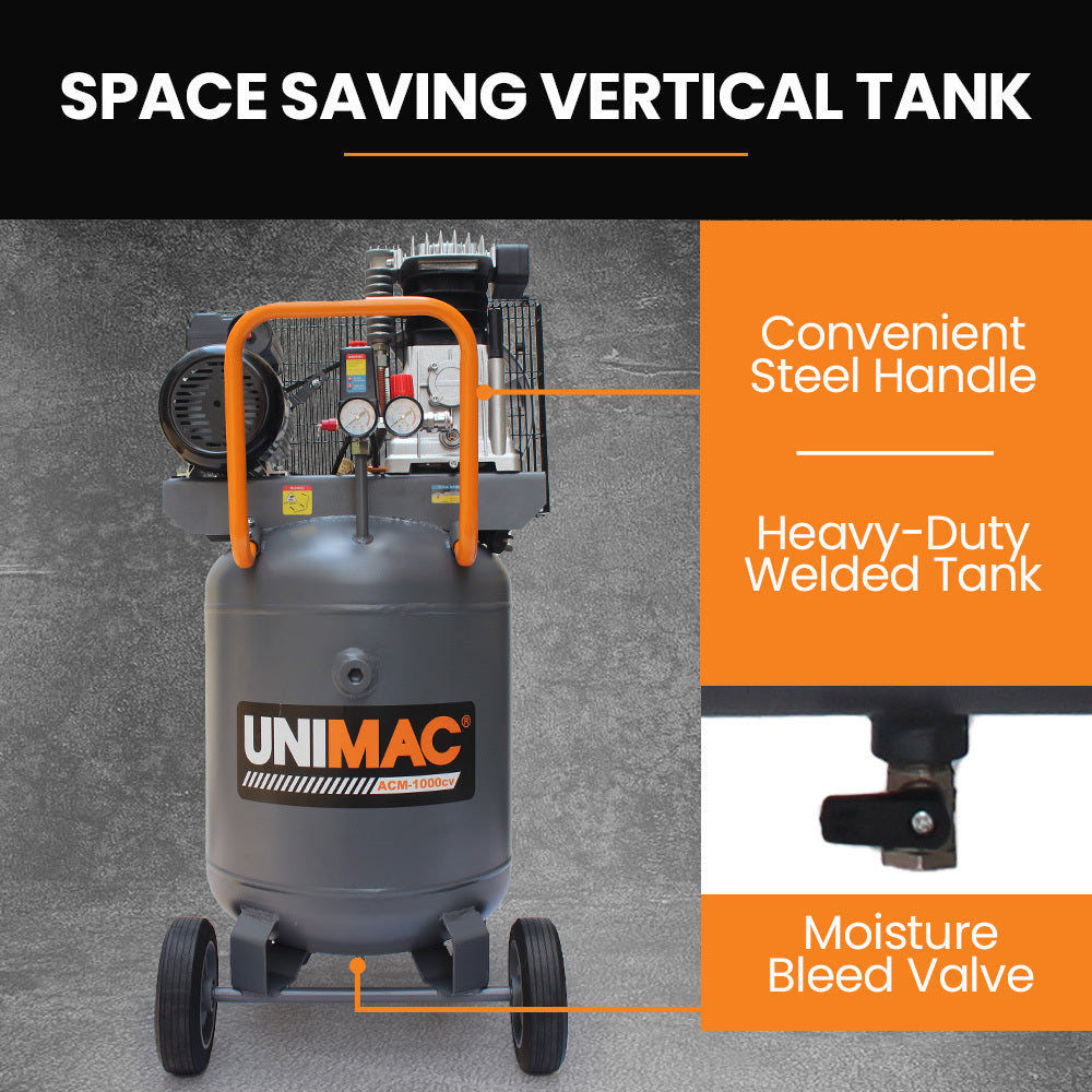 UNIMAC 100L Industrial Air Compressor | 2.6kW | 370L/min | 116PSI | Brushless Motor | Vertical Tank | 15A Plug
