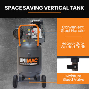 UNIMAC 100L Industrial Air Compressor | 2.6kW | 370L/min | 116PSI | Brushless Motor | Vertical Tank | 15A Plug