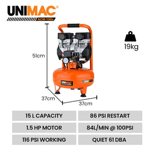 UNIMAC 15L Pancake Air Compressor | 116PSI | Portable Silent Oil-Free Electric | Air Tools & Tyre Inflation