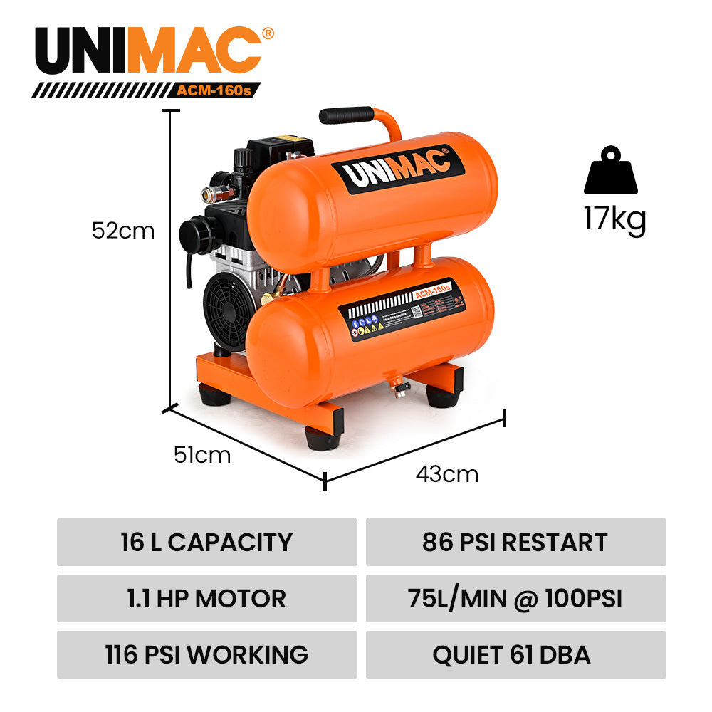 UNIMAC 16L Twin Tank Air Compressor | 116PSI | Portable Silent Oil-Free Electric | Air Tools & Tyre Inflation