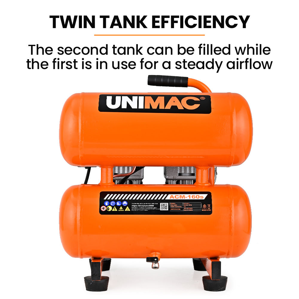 UNIMAC 16L Twin Tank Air Compressor | 116PSI | Portable Silent Oil-Free Electric | Air Tools & Tyre Inflation