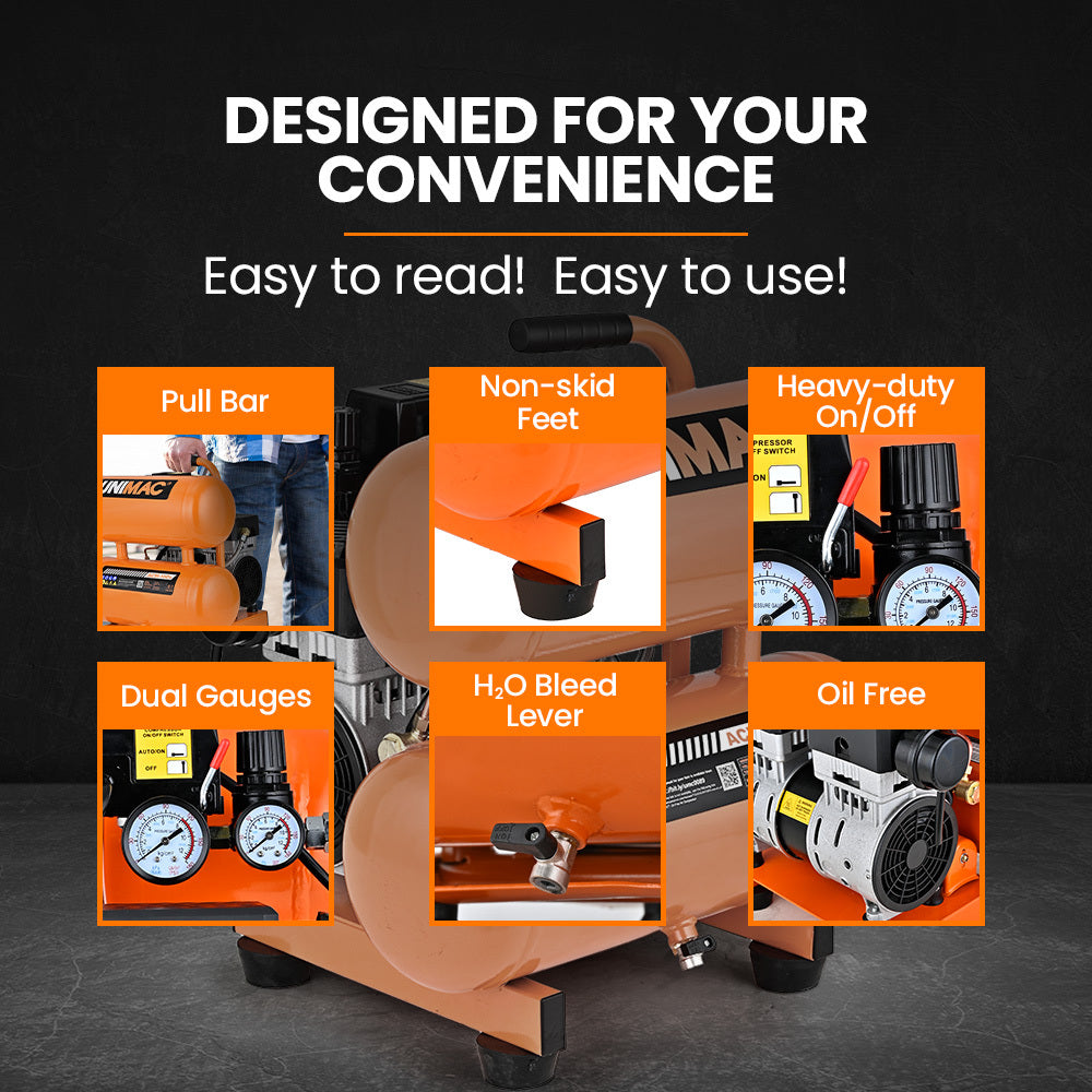 UNIMAC 16L Twin Tank Air Compressor | 116PSI | Portable Silent Oil-Free Electric | Air Tools & Tyre Inflation