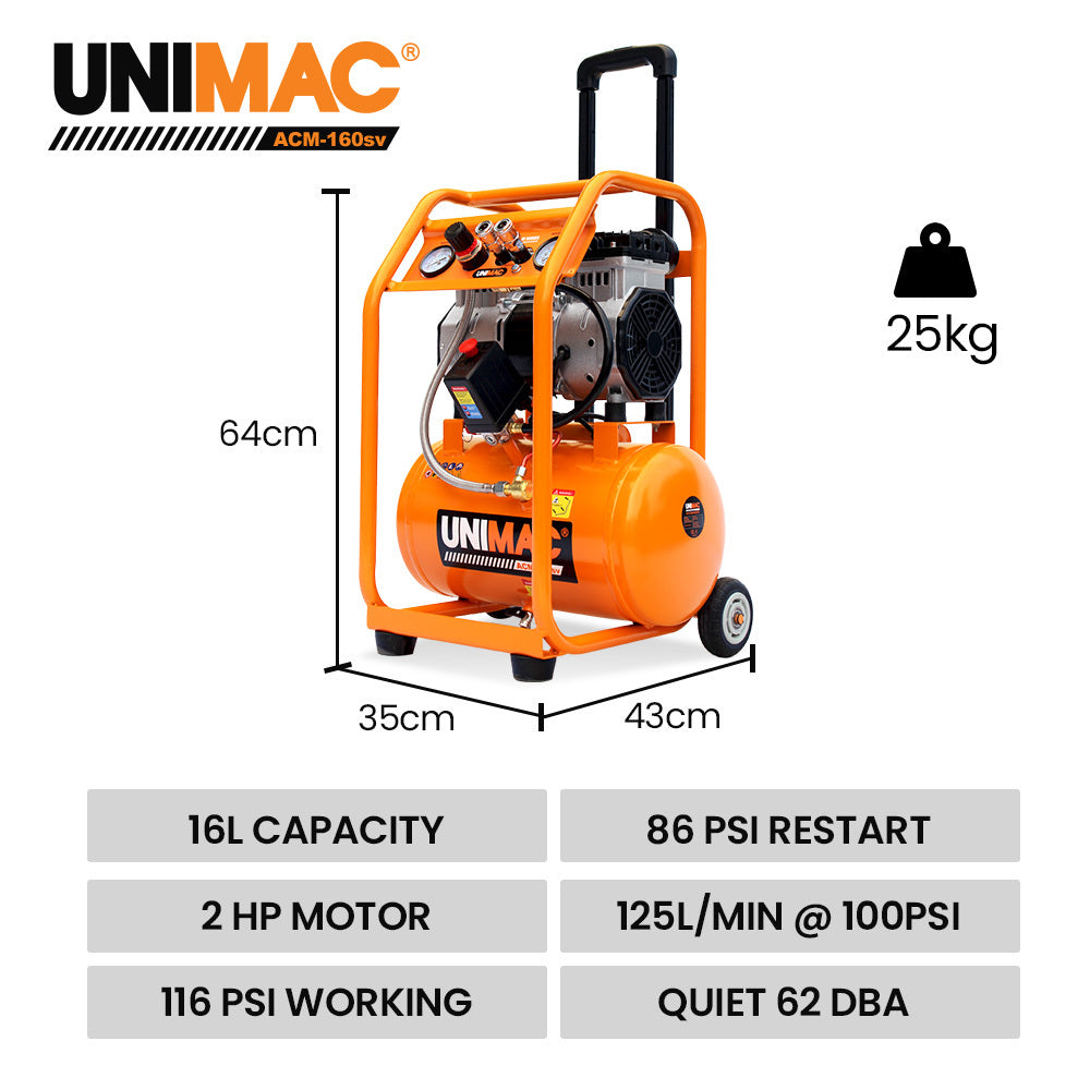 UNIMAC 16L Silent Oil-Free Electric Air Compressor | 116PSI | Portable | Wheels & Handle | Twin Nitto Outlets | Air Tools & Tyre Inflation