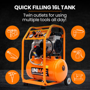 UNIMAC 16L Silent Oil-Free Electric Air Compressor | 116PSI | Portable | Wheels & Handle | Twin Nitto Outlets | Air Tools & Tyre Inflation