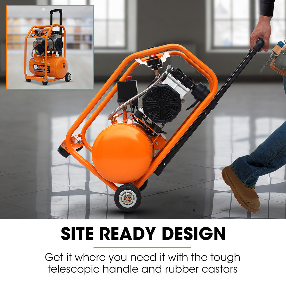 UNIMAC 16L Silent Oil-Free Electric Air Compressor | 116PSI | Portable | Wheels & Handle | Twin Nitto Outlets | Air Tools & Tyre Inflation