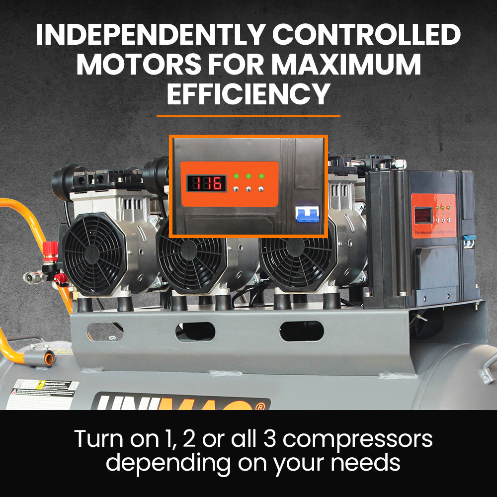UNIMAC 100L Silent Oil-Free Air Compressor | 4.5HP | Twin Nitto Outlets | 15A Plug