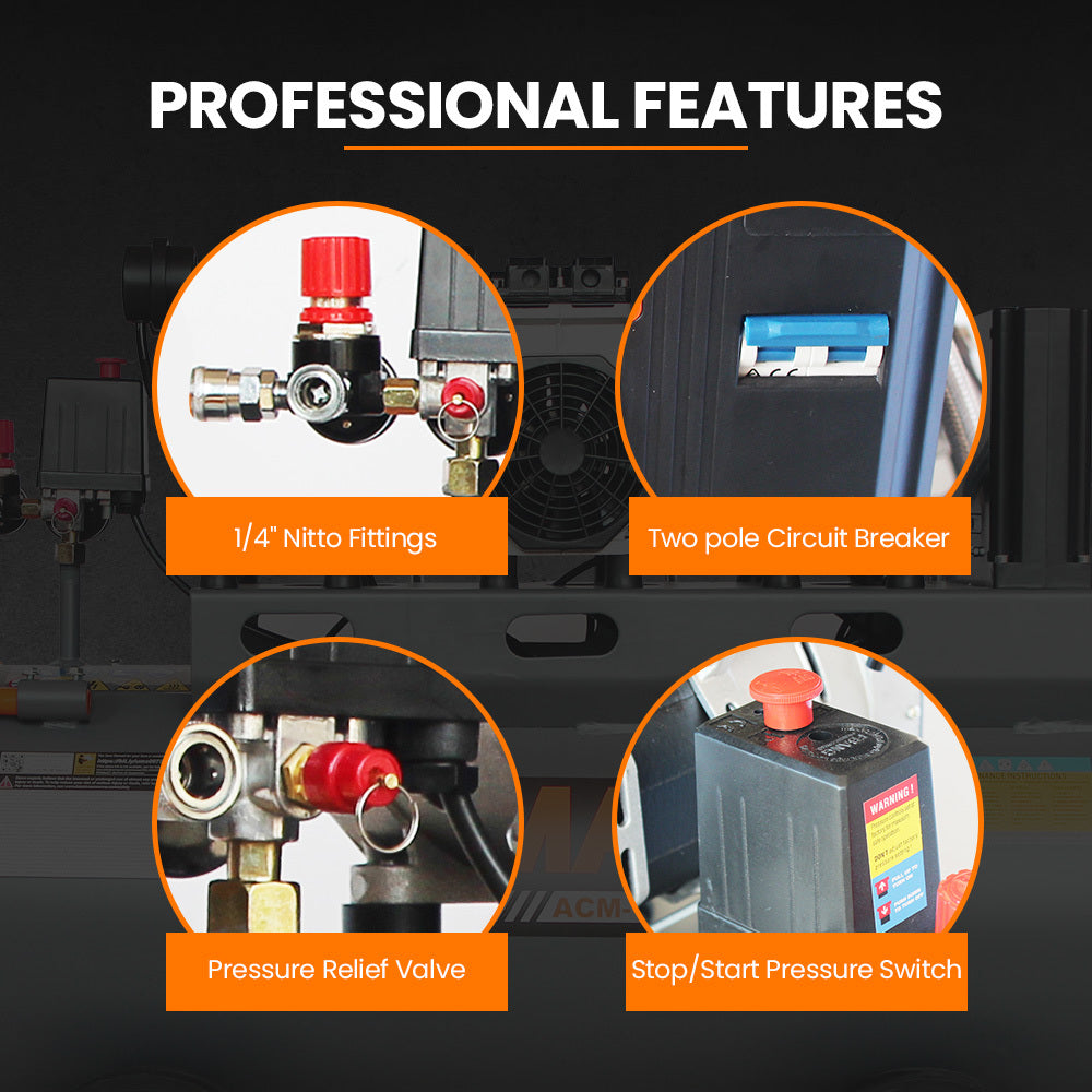 UNIMAC 100L Silent Oil-Free Air Compressor | 4.5HP | Twin Nitto Outlets | 15A Plug