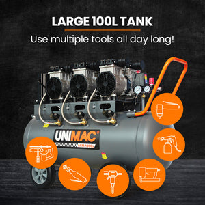 UNIMAC 100L Silent Oil-Free Air Compressor | 4.5HP | Twin Nitto Outlets | 15A Plug