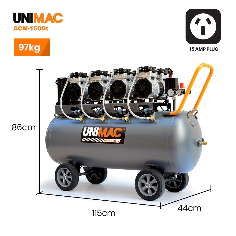UNIMAC 150L Ultra-Silent Oil-Free Air Compressor | 4.5HP | Long Life Quad Motor | 116PSI | Twin Nitto Outlets | 15A Plug
