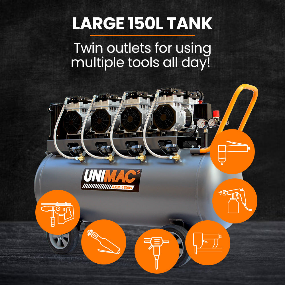 UNIMAC 150L Ultra-Silent Oil-Free Air Compressor | 4.5HP | Long Life Quad Motor | 116PSI | Twin Nitto Outlets | 15A Plug