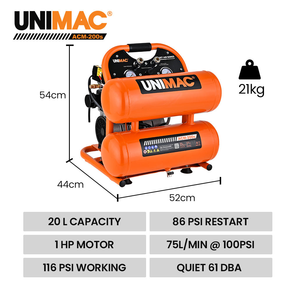UNIMAC 20L Twin Tank Air Compressor | 116PSI | Portable Silent Oil-Free Electric | Air Tools & Tyre Inflation