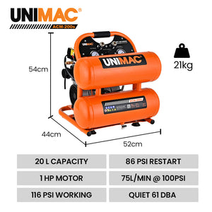 UNIMAC 20L Twin Tank Air Compressor | 116PSI | Portable Silent Oil-Free Electric | Air Tools & Tyre Inflation
