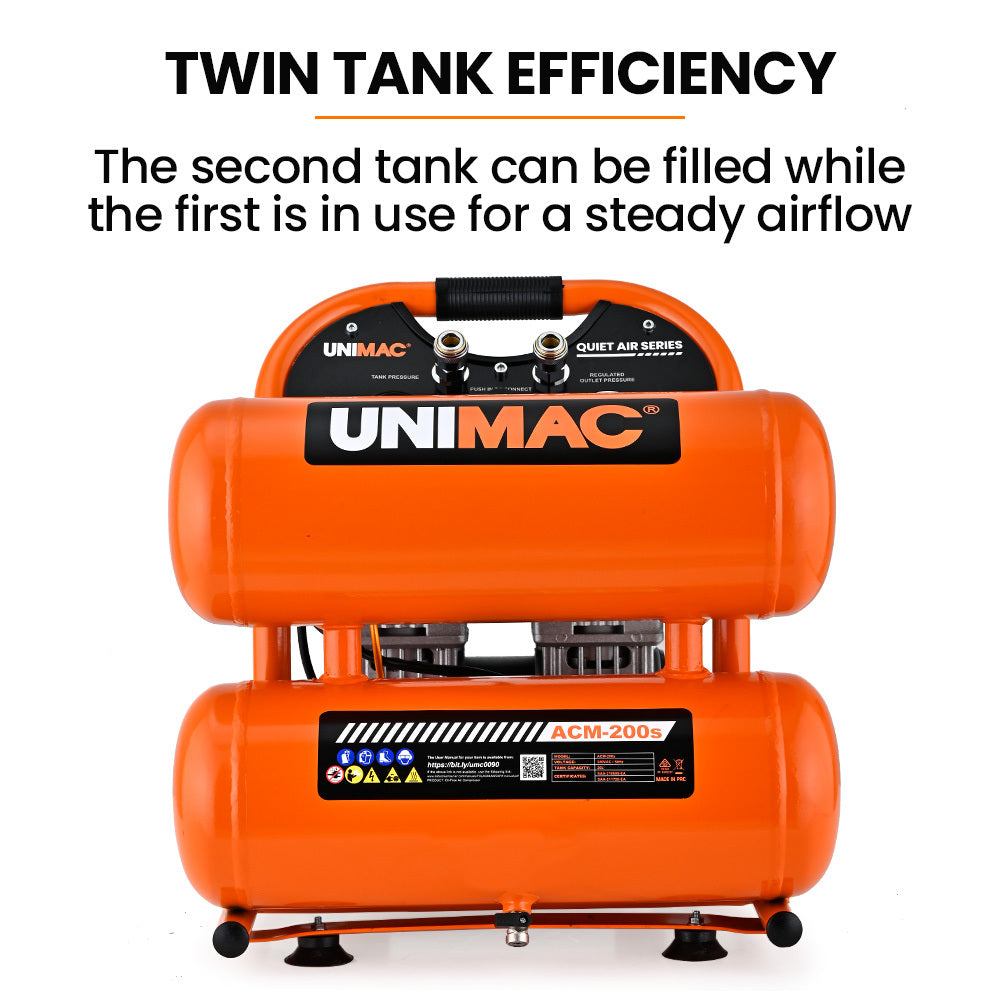 UNIMAC 20L Twin Tank Air Compressor | 116PSI | Portable Silent Oil-Free Electric | Air Tools & Tyre Inflation