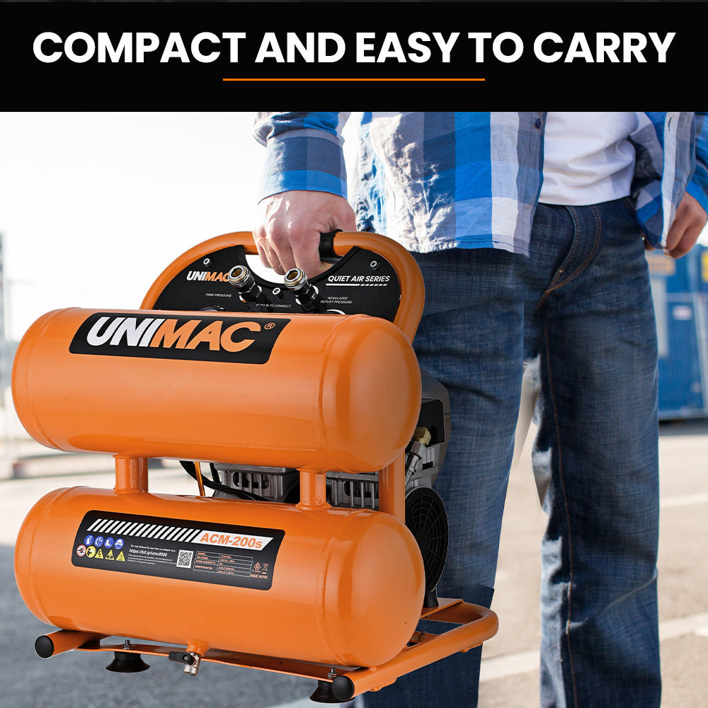 UNIMAC 20L Twin Tank Air Compressor | 116PSI | Portable Silent Oil-Free Electric | Air Tools & Tyre Inflation