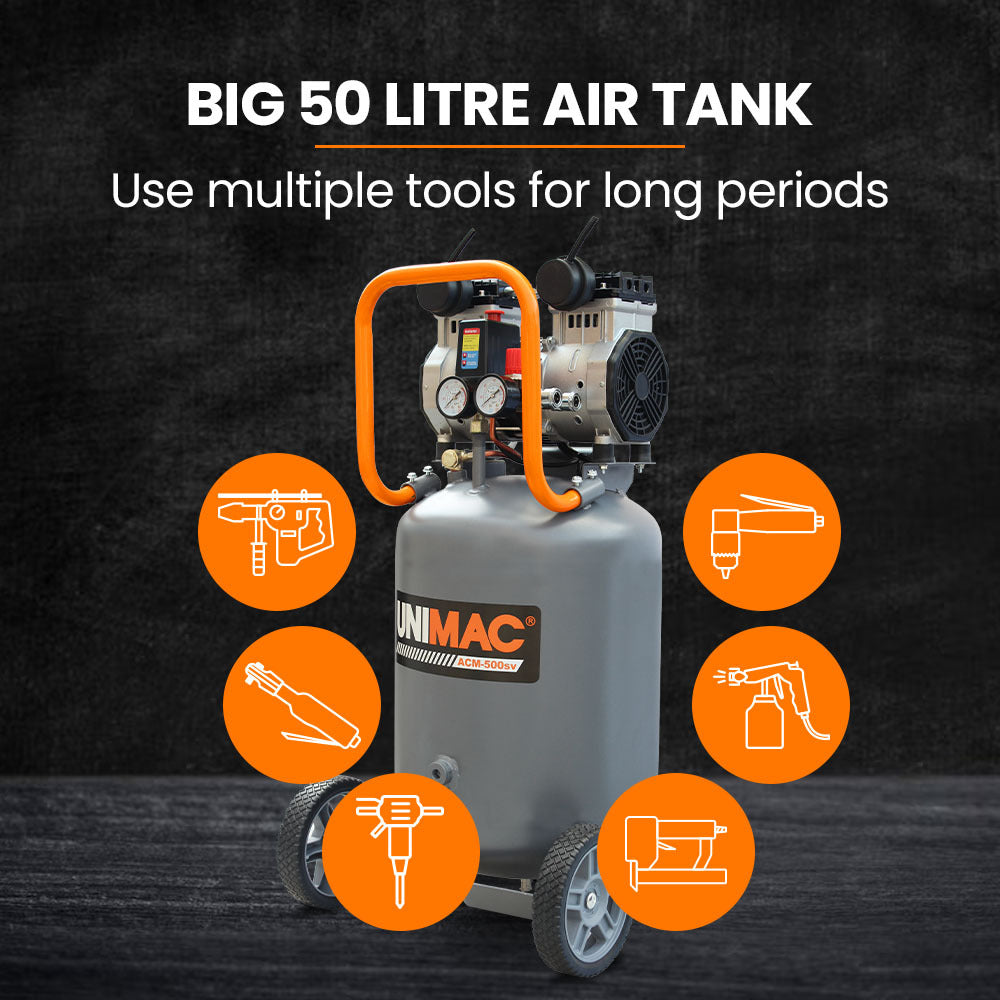 UNIMAC 50L Silent Oil-Free Portable Air Compressor | 2HP Electric | Vertical | Air Tools & Tyre Inflation