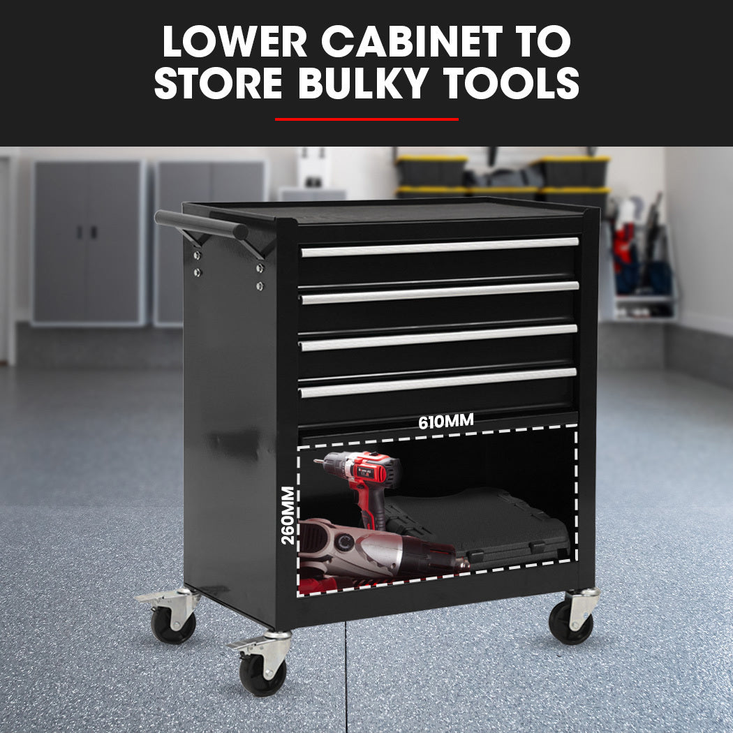 Bullet Pro 4 Drawer Tool Box Cabinet Trolley | Storage with 1-Door Toolbox | Garage Organiser Set | Black