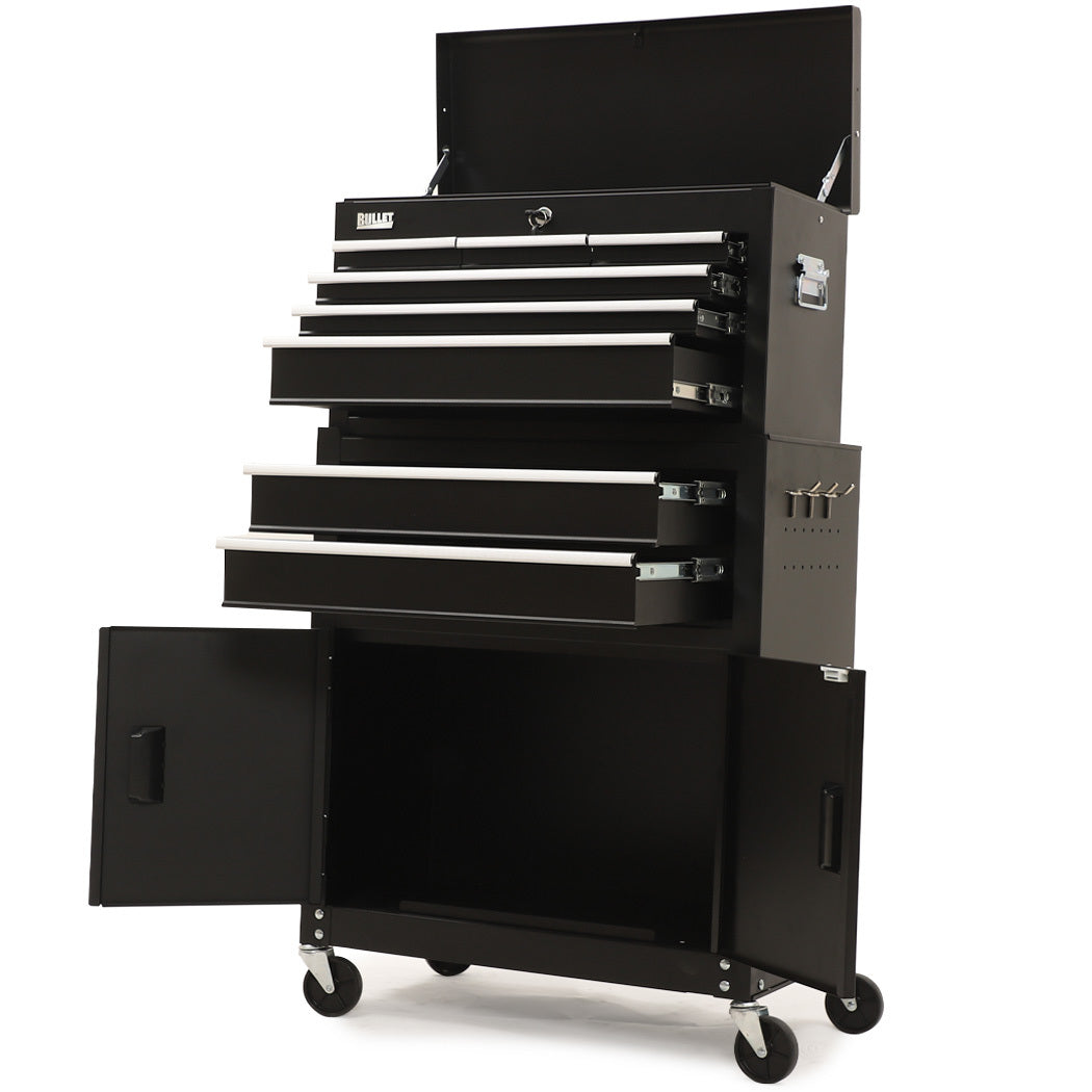 Bullet Pro 8 Drawer Tool Box Chest Cabinet | Storage with 2-Door Toolbox | Garage Organiser Set | Black