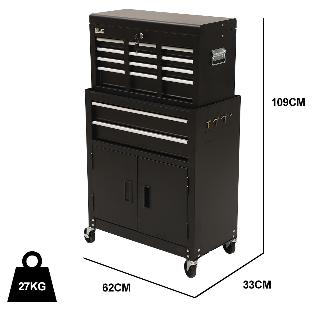 Bullet Pro 8 Drawer Tool Box Chest Cabinet | Storage with 2-Door Toolbox | Garage Organiser Set | Black