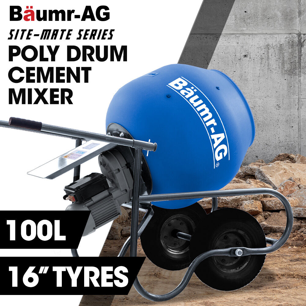 BAUMR-AG 100L Portable Poly Drum Cement Mixer | Ultra-Light 36kg | 16 Inch Tyres | Electric Direct Drive Motor