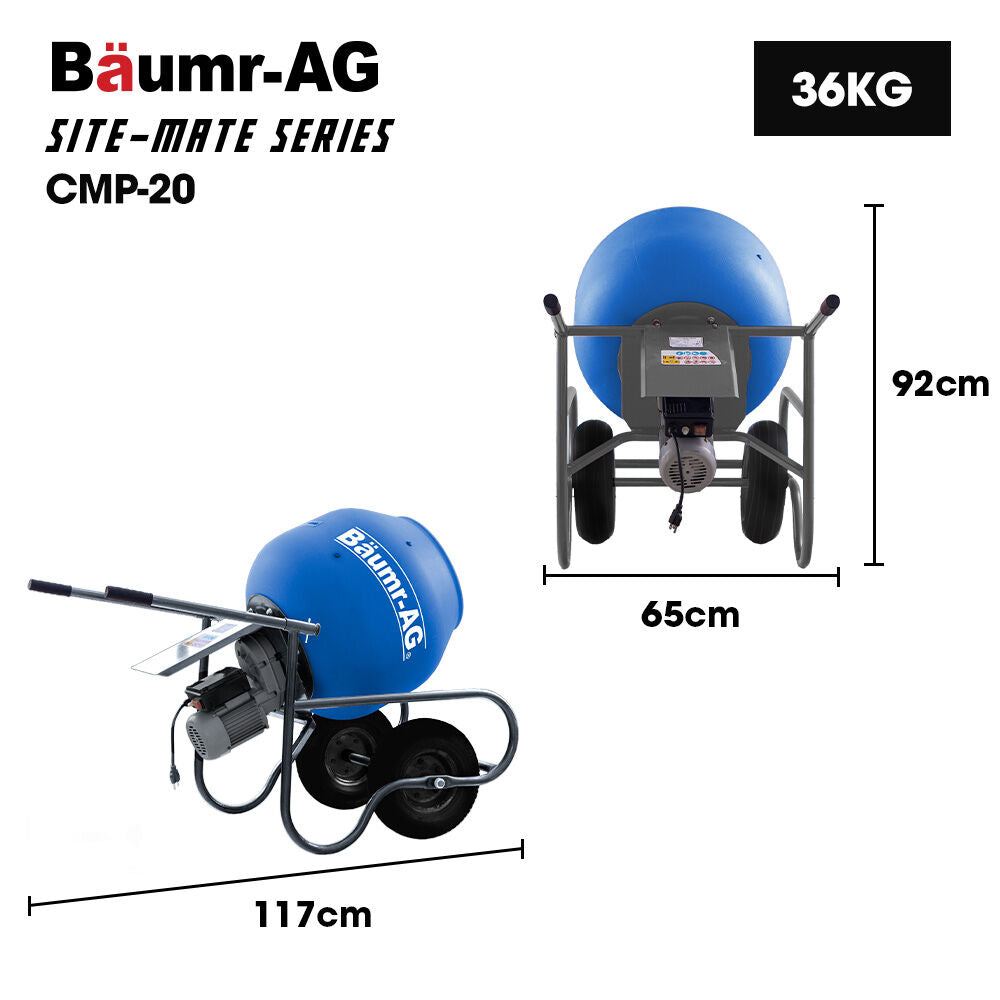 BAUMR-AG 100L Portable Poly Drum Cement Mixer | Ultra-Light 36kg | 16 Inch Tyres | Electric Direct Drive Motor