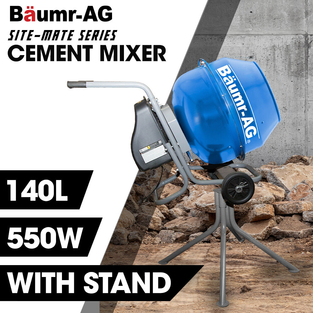 Baumr-AG | Cement Concrete Mixer | 140L | Pedestal Stand | 550W Electric Motor | 10” Rubber Wheels