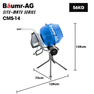 Baumr-AG | Cement Concrete Mixer | 140L | Pedestal Stand | 550W Electric Motor | 10” Rubber Wheels