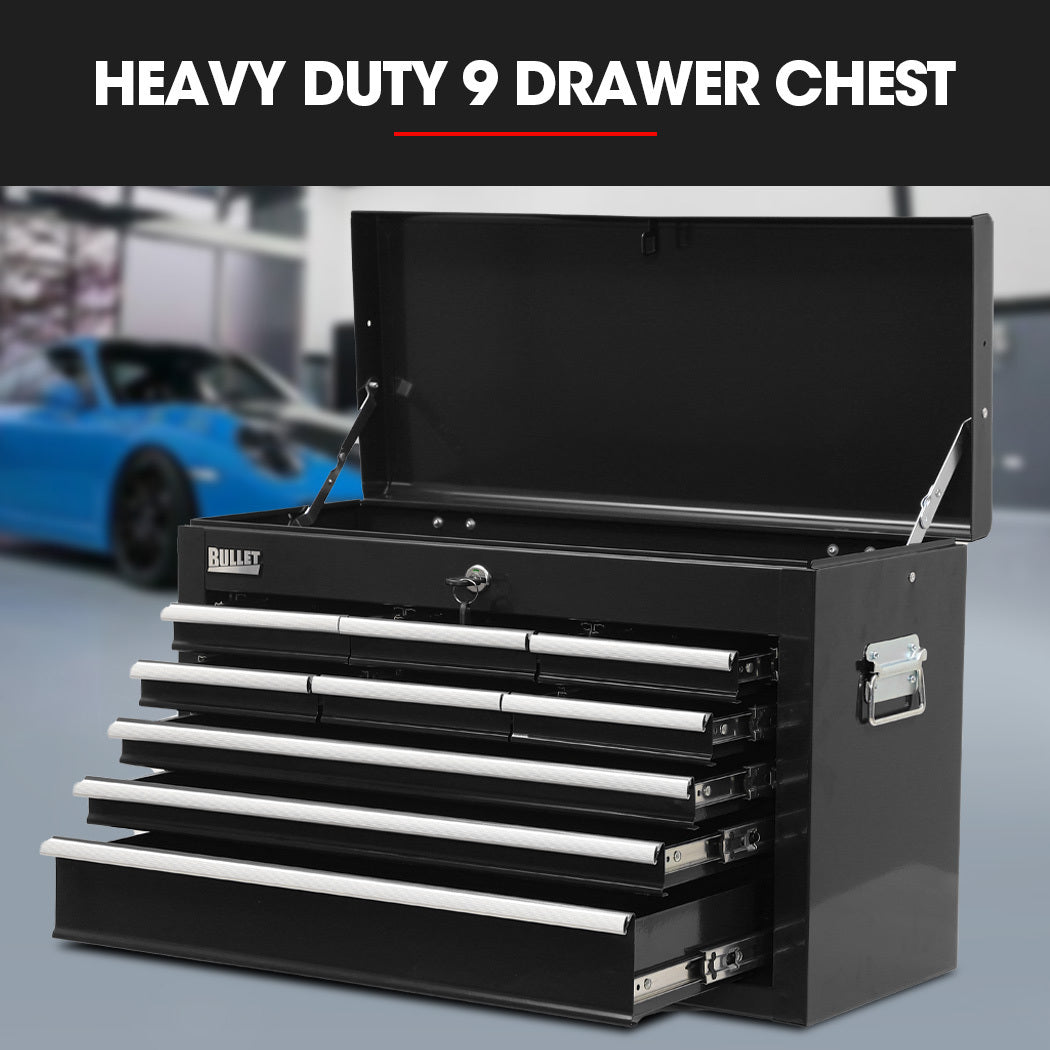 Bullet Pro 9 Drawer Tool Box Chest | Organiser Mechanic Garage Storage Toolbox Set | Black