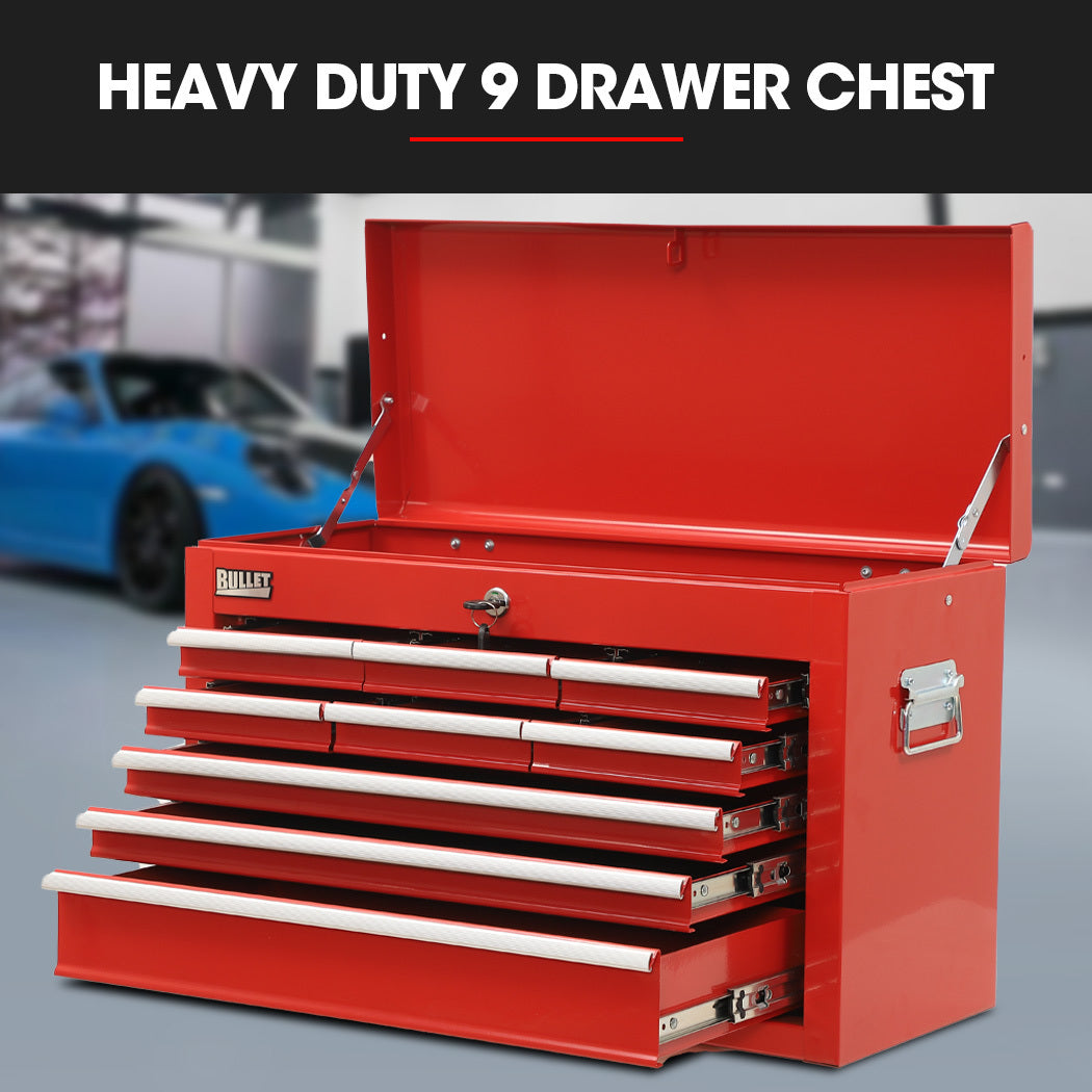 Bullet Pro 9 Drawer Tool Box Chest | Organiser Mechanic Garage Storage Toolbox Set | Red
