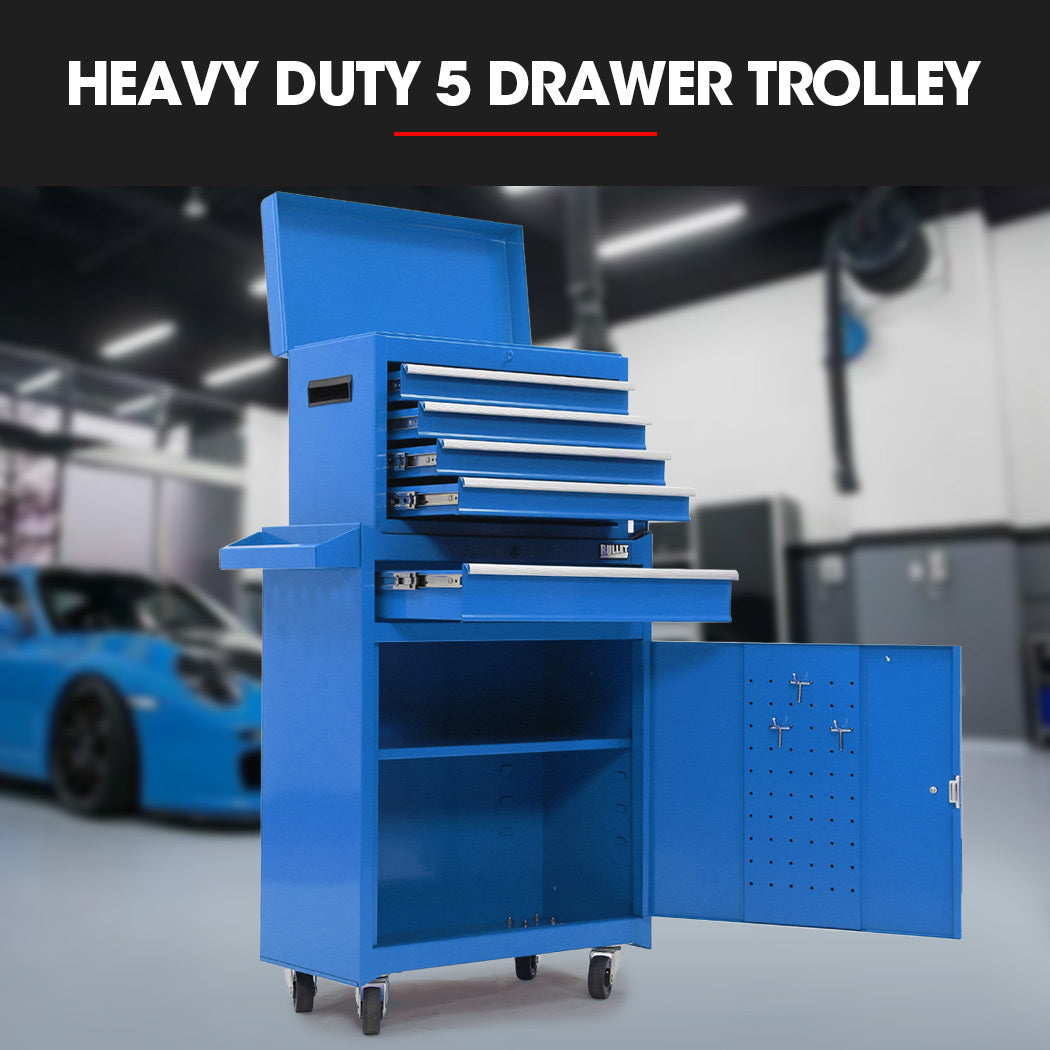 Bullet Pro 5 Drawer Tool Box Cabinet Chest | Storage with 1-Door Toolbox | Garage Organiser Set | Blue