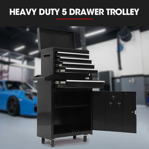 Bullet Pro 5 Drawer Tool Box Cabinet Chest | Storage with 1-Door Toolbox | Garage Organiser Set | Black