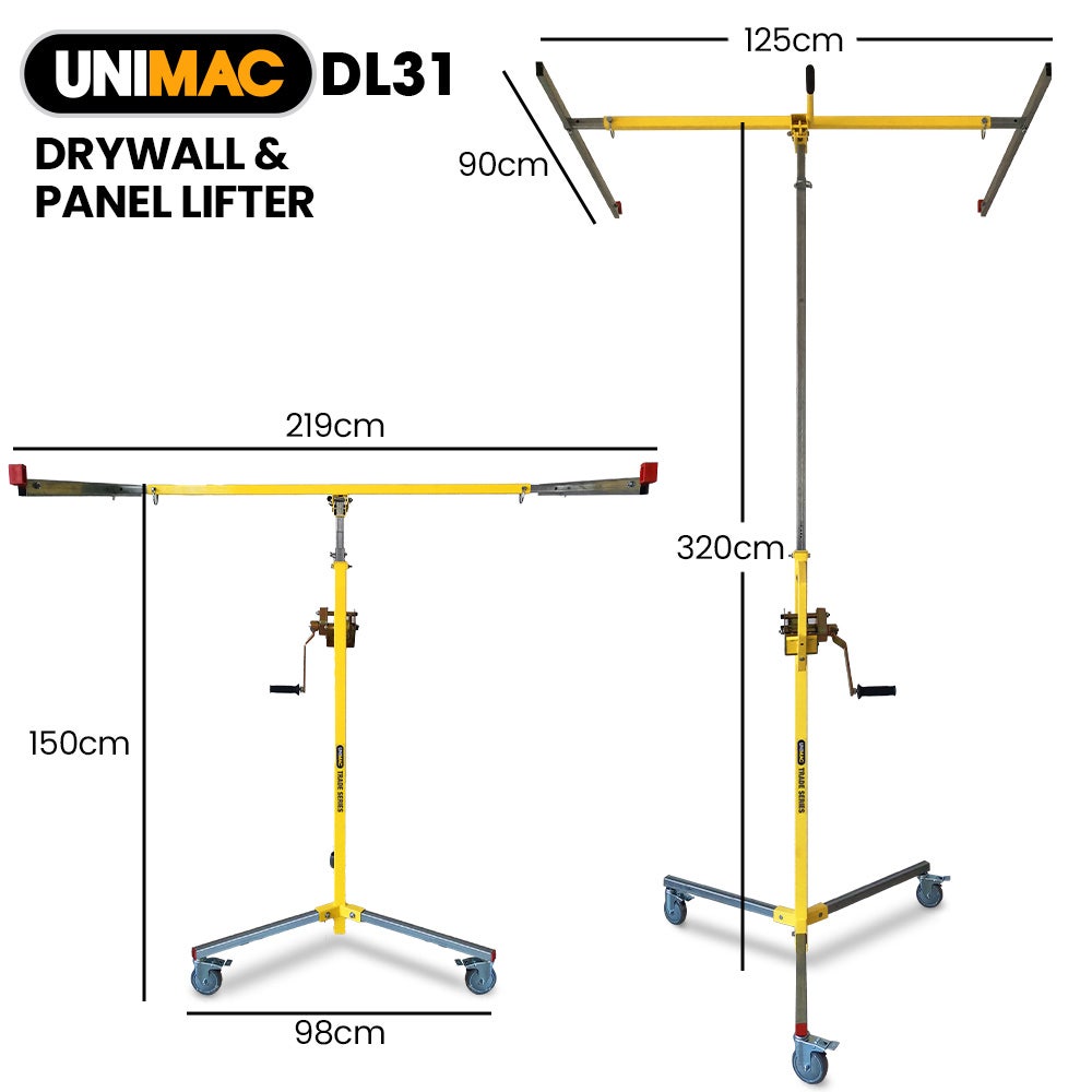 UNIMAC Drywall & Panel Lifter | 1200 x 3600 | 68kg Max | Gyprock Sheet | Galvanised | No-mark Locking Castors