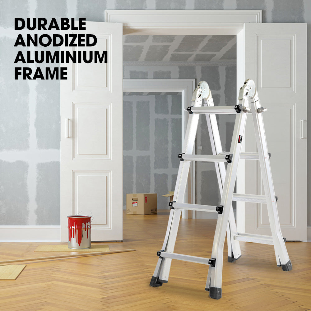 Bullet 4m Folding Aluminium Multipurpose Ladder | Workshelf Platform | Spring-Assisted Rapid Safety Lock Adjusters