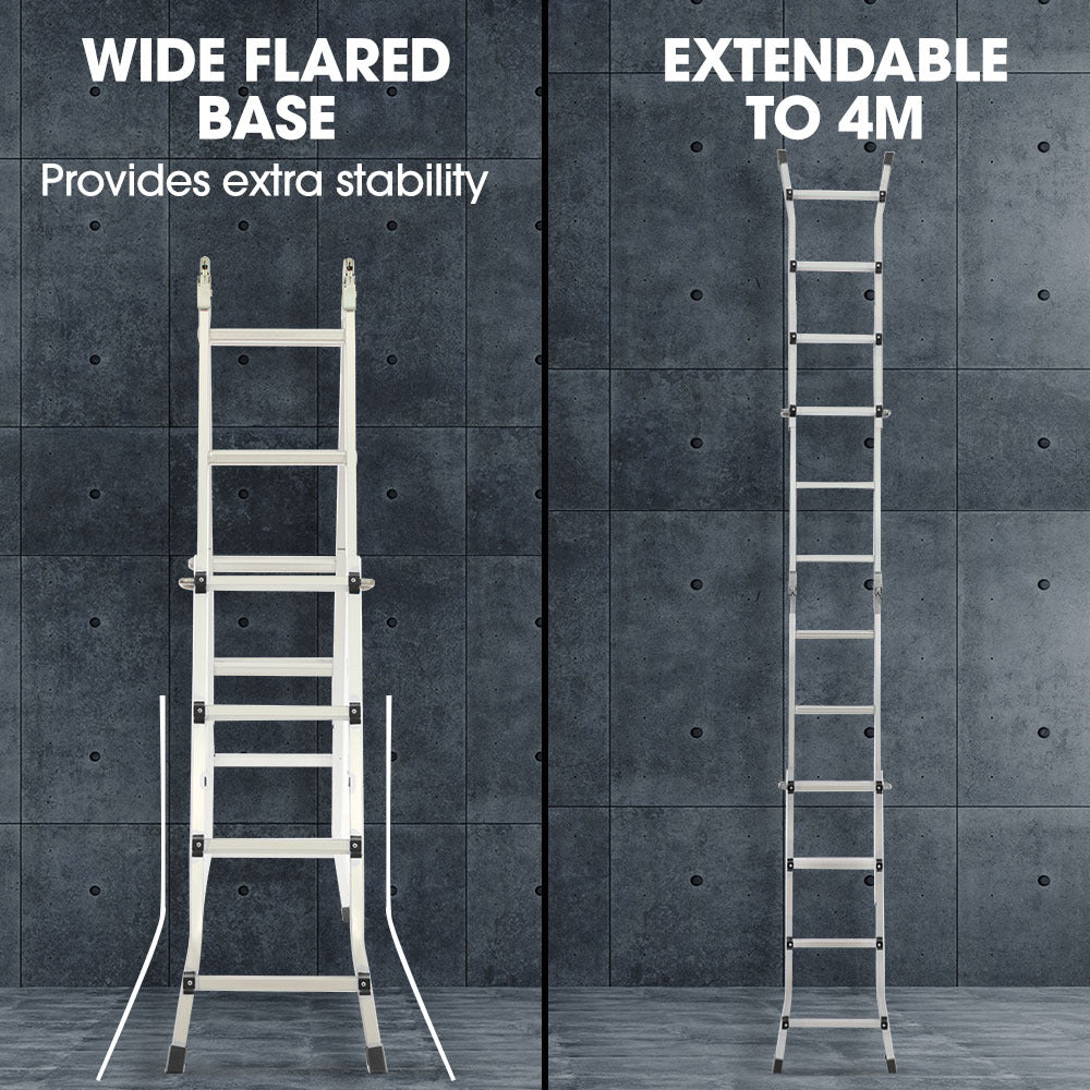Bullet 4m Folding Aluminium Multipurpose Ladder | Workshelf Platform | Spring-Assisted Rapid Safety Lock Adjusters