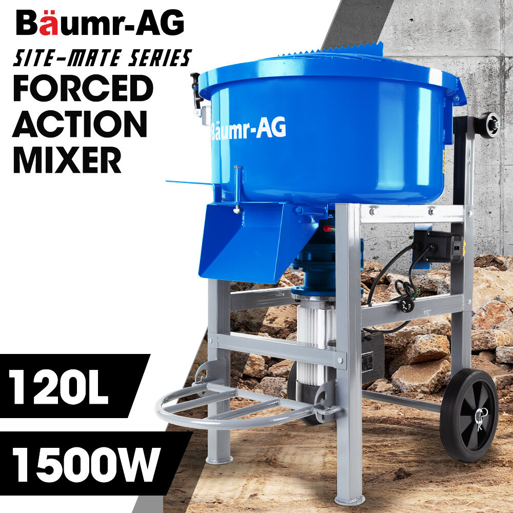 BAUMR-AG 120L Forced Action Pan Mixer | 1500W Electric Direct Drive Motor | Mortar Screed Resin Cement Mixer | 10 Inch Solid Rubber Wheels