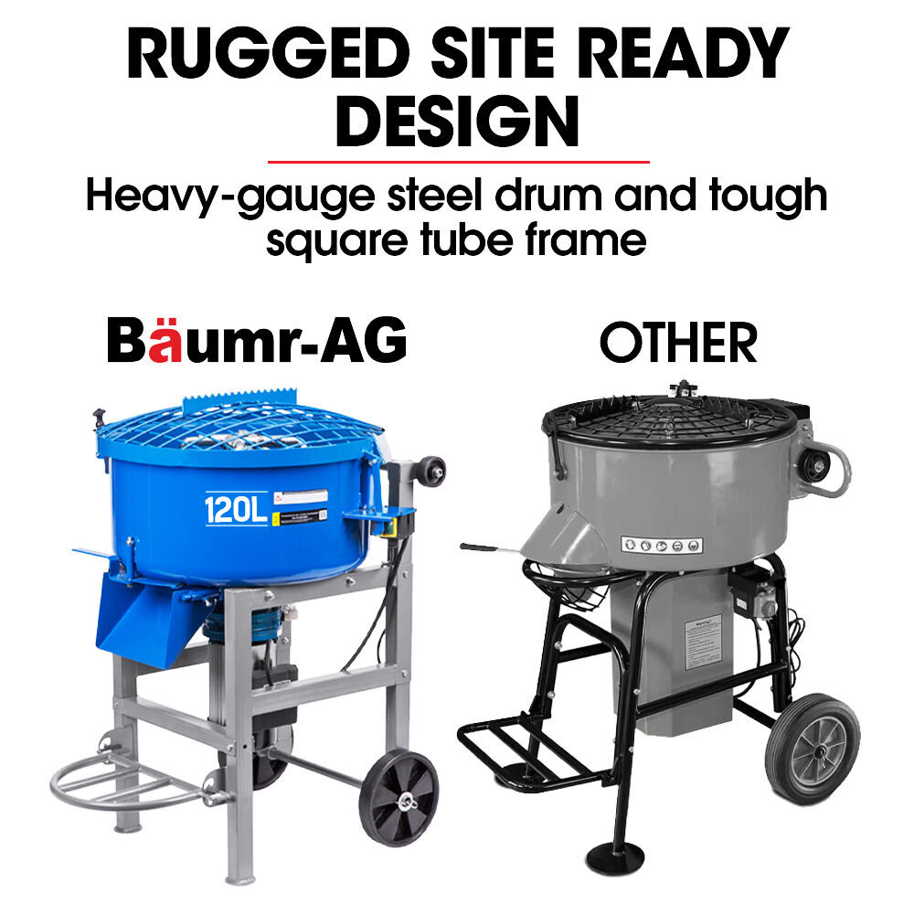 BAUMR-AG 120L Forced Action Pan Mixer | 1500W Electric Direct Drive Motor | Mortar Screed Resin Cement Mixer | 10 Inch Solid Rubber Wheels