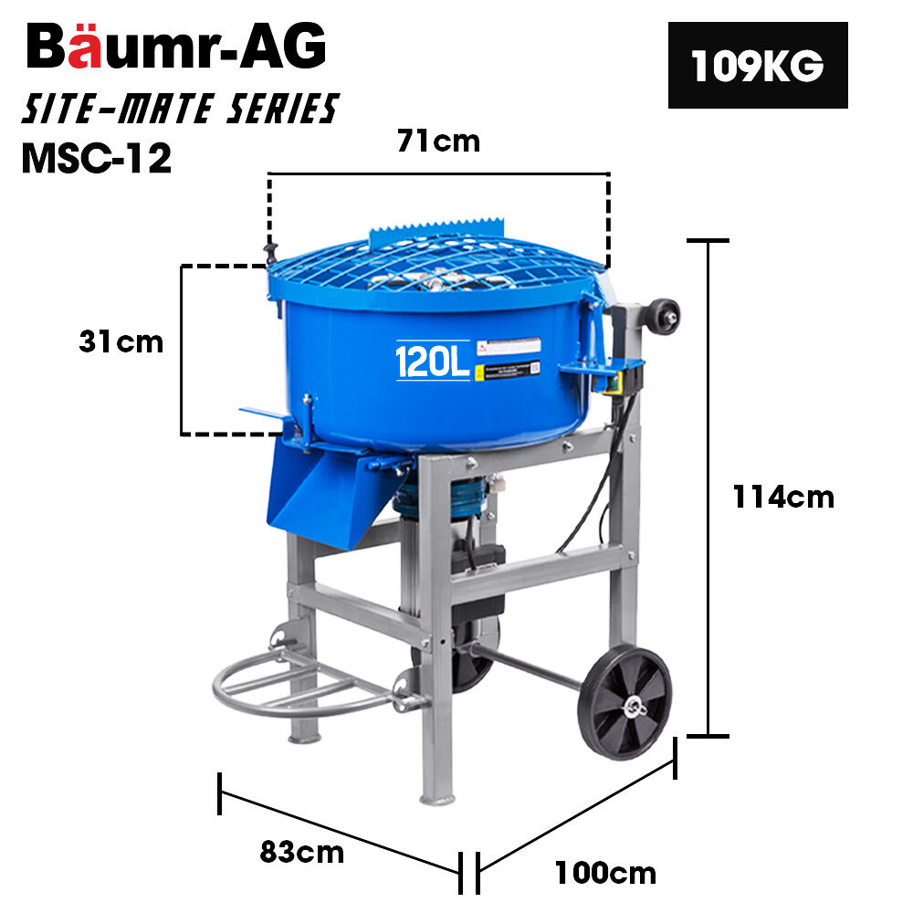 BAUMR-AG 120L Forced Action Pan Mixer | 1500W Electric Direct Drive Motor | Mortar Screed Resin Cement Mixer | 10 Inch Solid Rubber Wheels