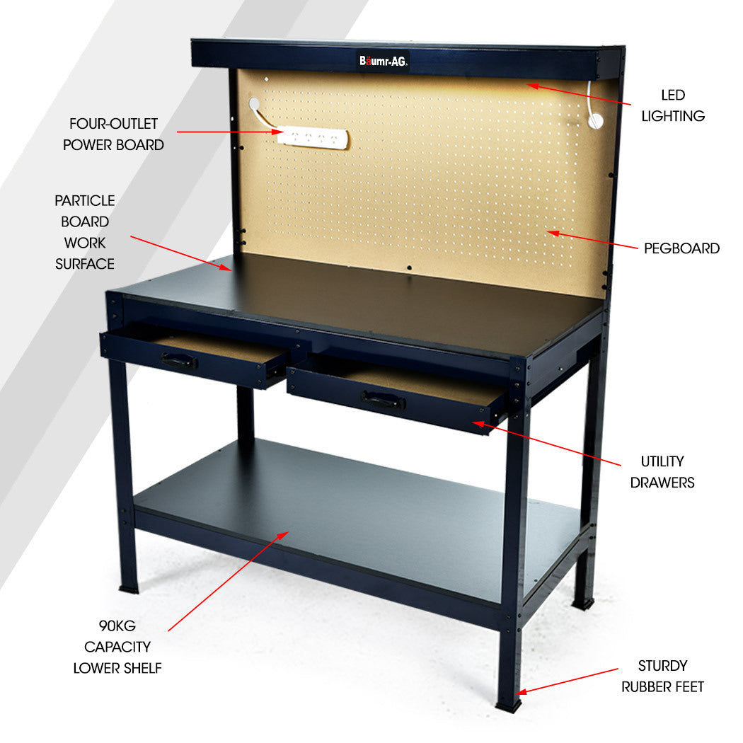 Baumr-AG | Steel Garage Workbench | LED Lights | Pegboard Tool Storage | Workshop Table
