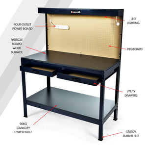 Baumr-AG | Steel Garage Workbench | LED Lights | Pegboard Tool Storage | Workshop Table