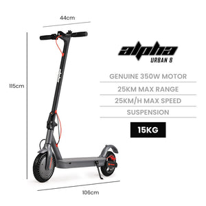ALPHA Urban 8 Electric Scooter | 25km Range, 8.5-Inch Wheels, Brushless Motor, Motorised Commuter eScooter for Adults, Grey